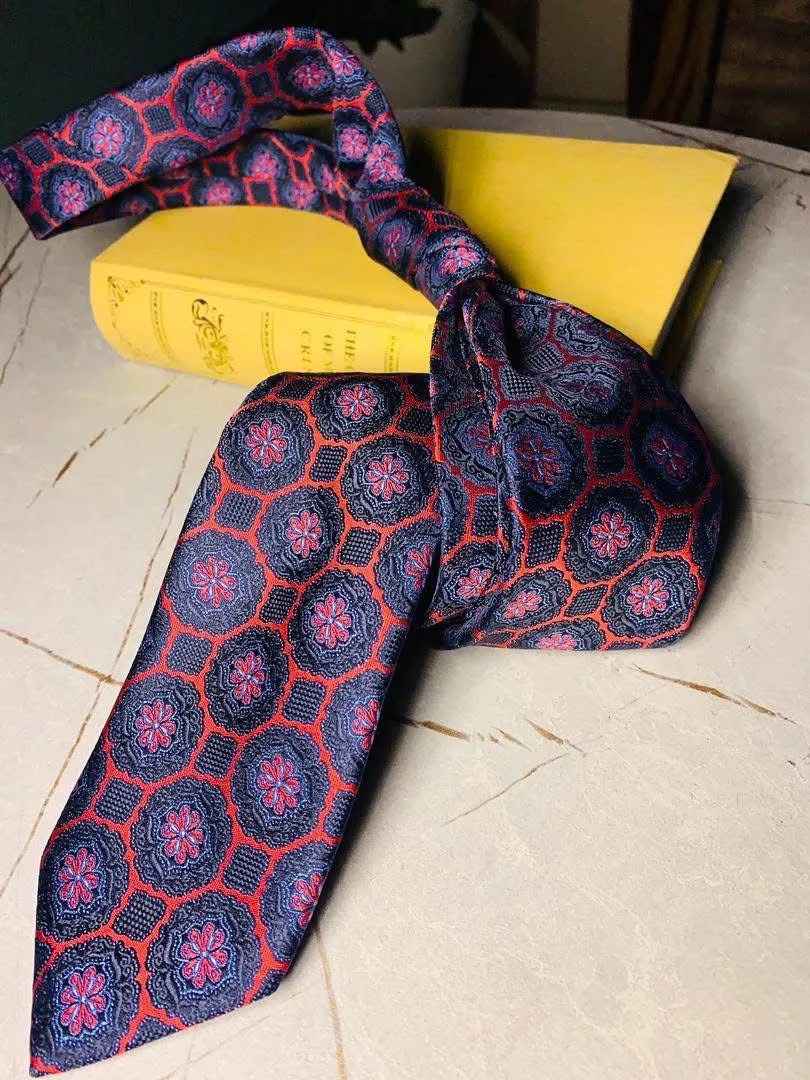 Navy and red medallion tie with pocket square — Glory Room Boutique